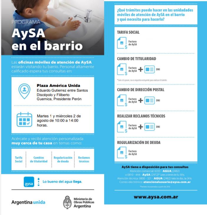 GESTIÓN / EL MÓVIL DE AYSA ESTARÁ EN LA PLAZA DE AMÉRICA UNIDA