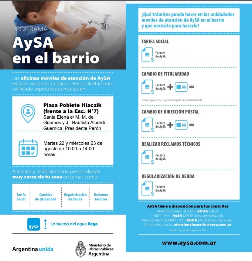 GESTIÓN / EL MÓVIL DE AYSA ESTARÁ EN EL BARRIO DE SANTA ELENA