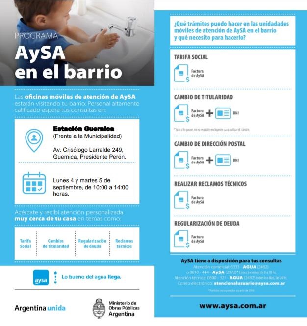 GESTIÓN / EL MÓVIL DE AYSA ESTARÁ ATENDIENDO FRENTE A LA MUNICIPALIDAD