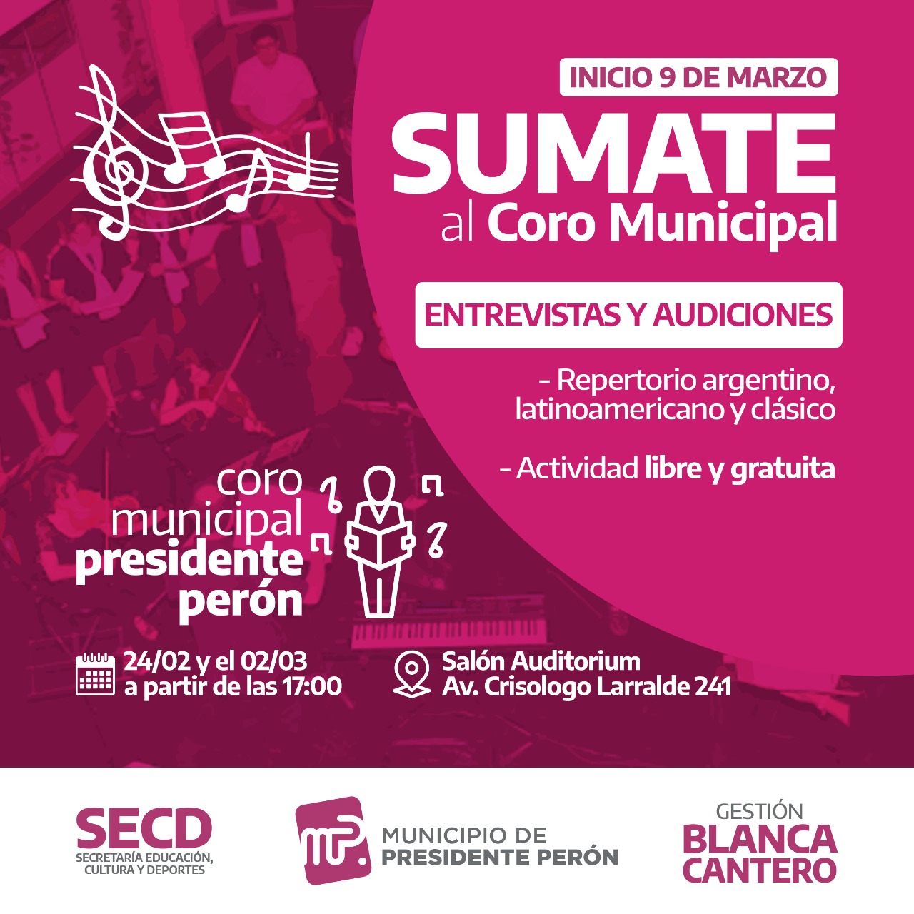 CULTURA| CONVOCATORIA DE VOCES PARA EL CORO MUNICIPAL DE PRESIDENTE PERÓN